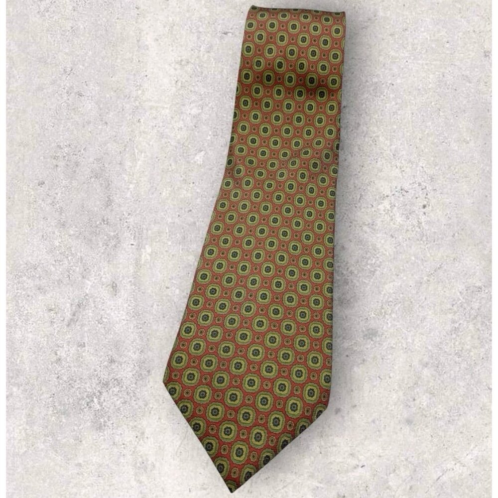 CERRUTI Silk Tie FRANCE Salmon Beige Green Medallion Floral W:3.6" EUC